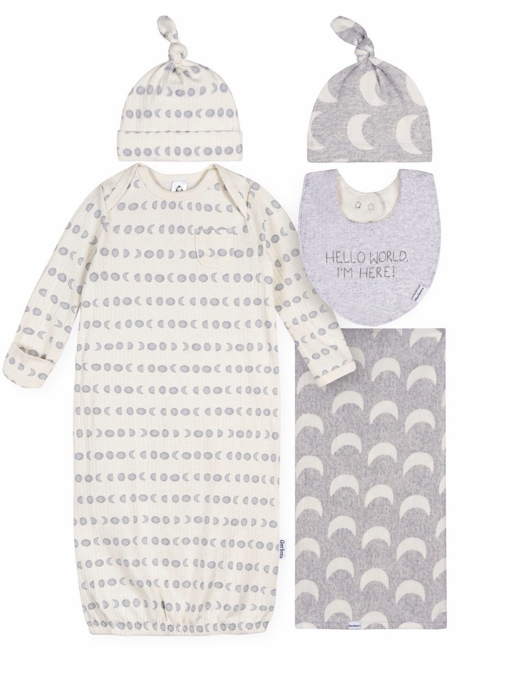 Gerber Cream & Gray Moon Print Sleep Sack Set with Hat, Bib & Blanket